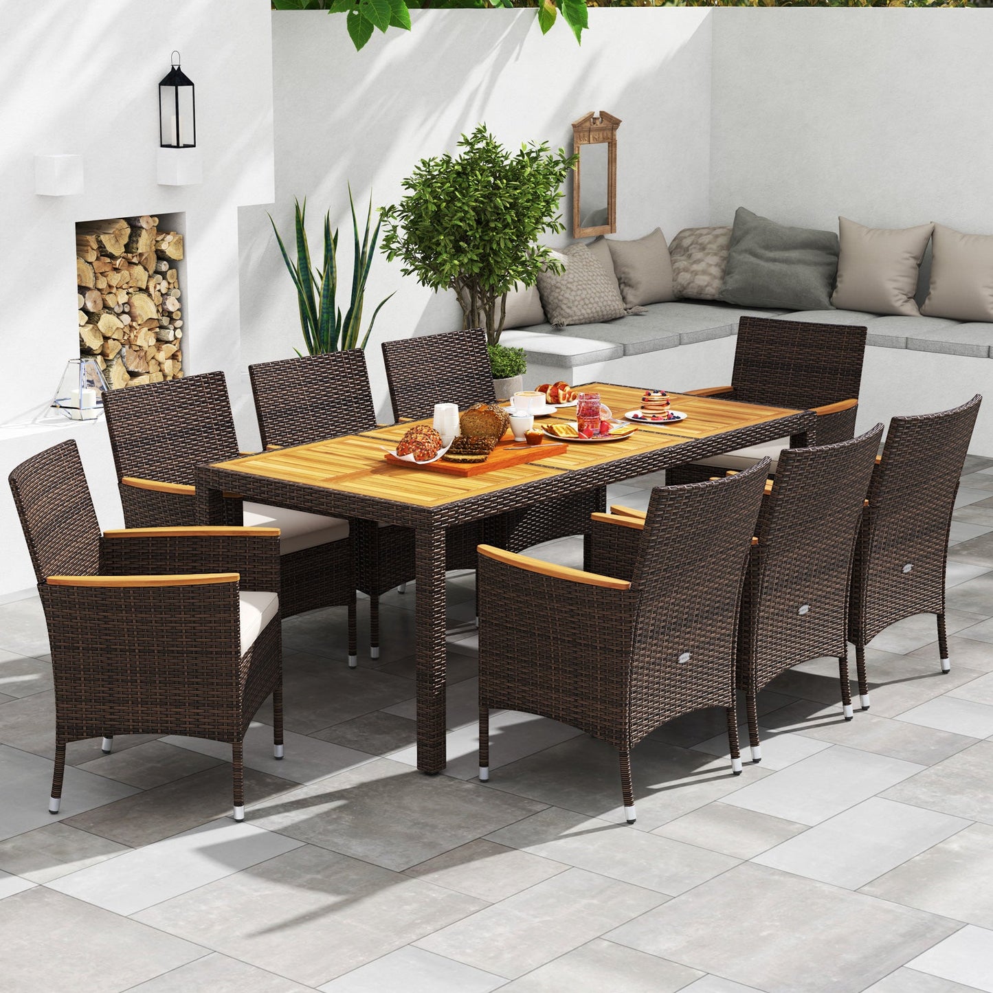 Costway 9-Piece Outdoor Patio Dining Set Acacia Wood Table Top 961783452 New