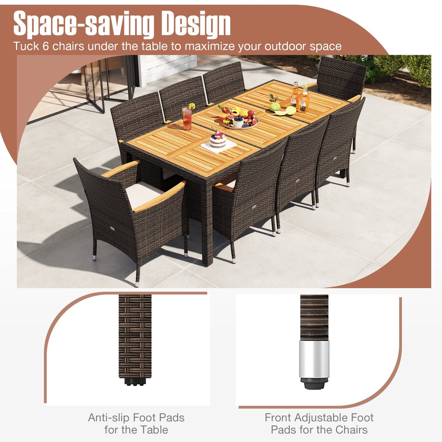 Costway 9-Piece Outdoor Patio Dining Set Acacia Wood Table Top 961783452 New