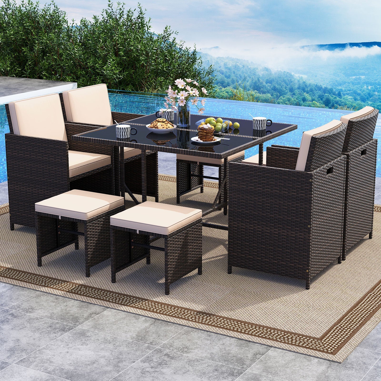 Costway 9-Piece Patio Dining Set Tempered Glass Table Ottoman White 679542381 New
