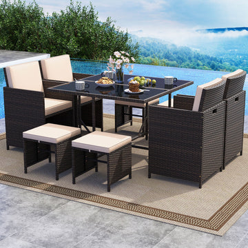 Costway 9-Piece Patio Dining Set Tempered Glass Table Ottoman White 679542381 New
