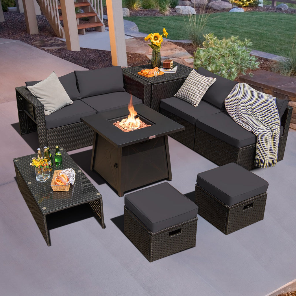 Costway 9 Pc Weatherproof Rattan Patio Conversation Sofa Set w/ 30" Propane Fire Pit Table Red 431725968 New