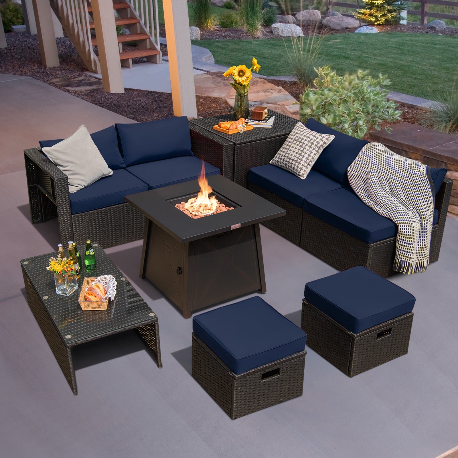Costway 9 Pc Weatherproof Rattan Patio Conversation Sofa Set w/ 30" Propane Fire Pit Table Red 431725968 New