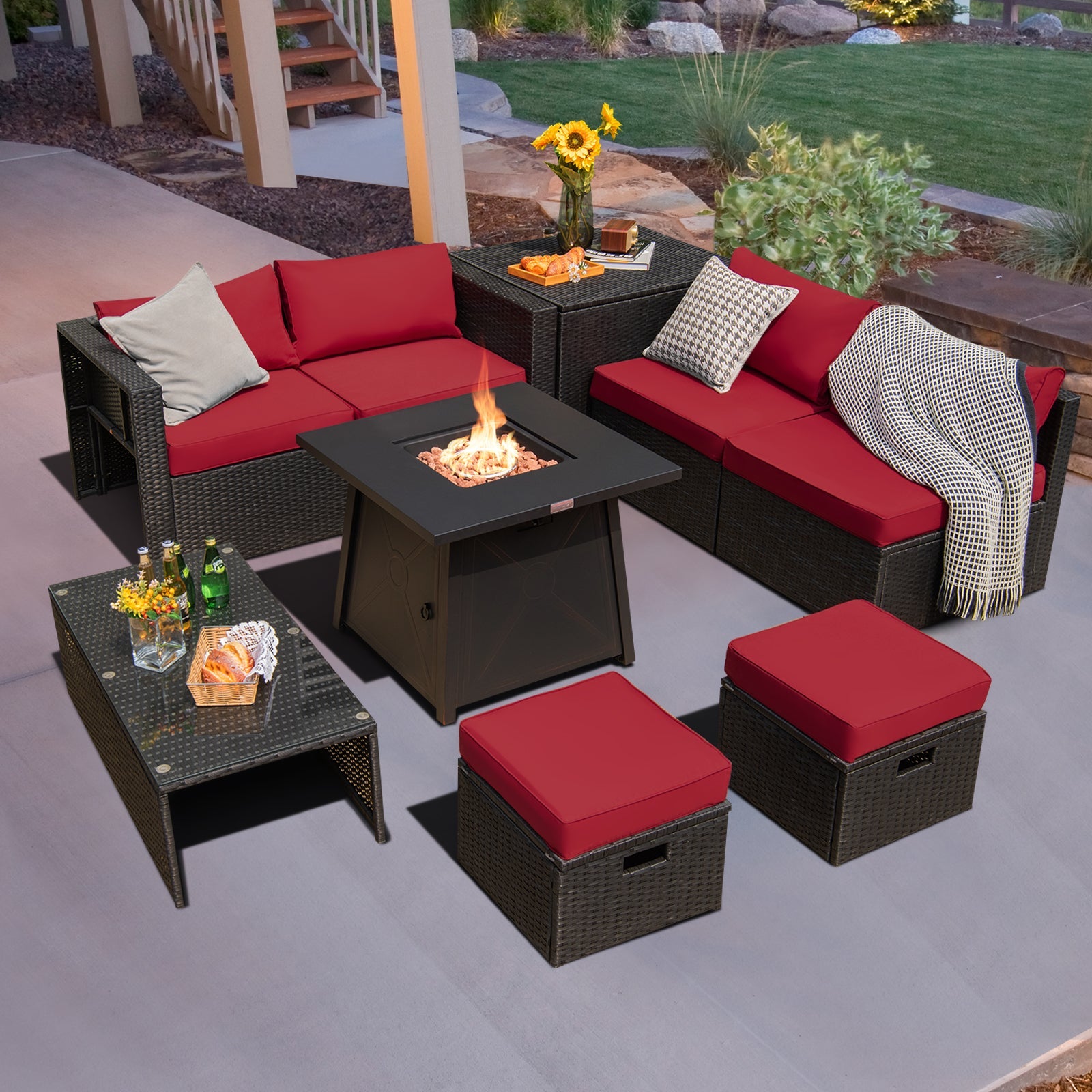 Costway 9 Pc Weatherproof Rattan Patio Conversation Sofa Set w/ 30" Propane Fire Pit Table Red 431725968 New
