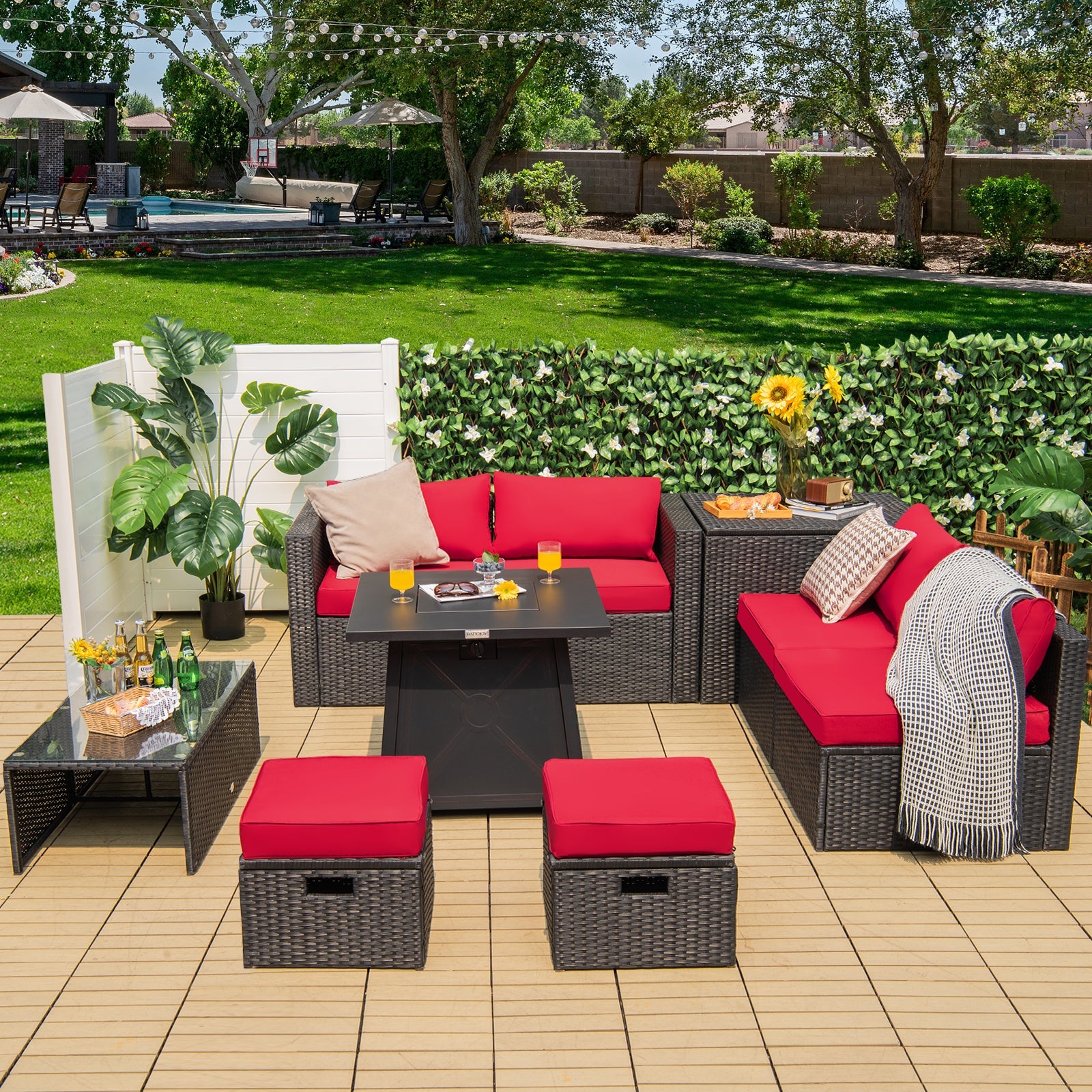 Costway 9 Pc Weatherproof Rattan Patio Conversation Sofa Set w/ 30" Propane Fire Pit Table Red 431725968 New