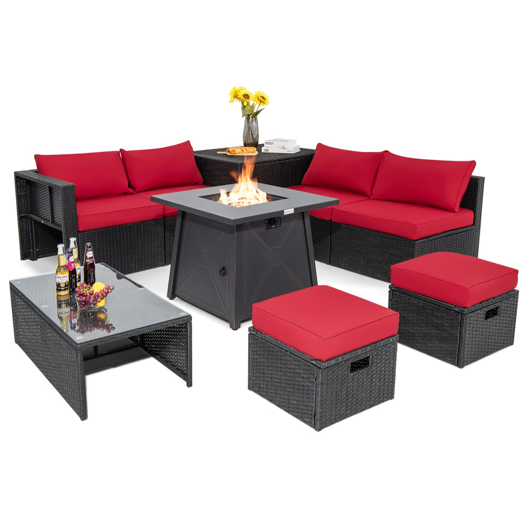 Costway 9 Pc Weatherproof Rattan Patio Conversation Sofa Set w/ 30" Propane Fire Pit Table Red 431725968 New