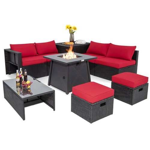 Costway 9 Pc Weatherproof Rattan Patio Conversation Sofa Set w/ 30" Propane Fire Pit Table Red 431725968 New