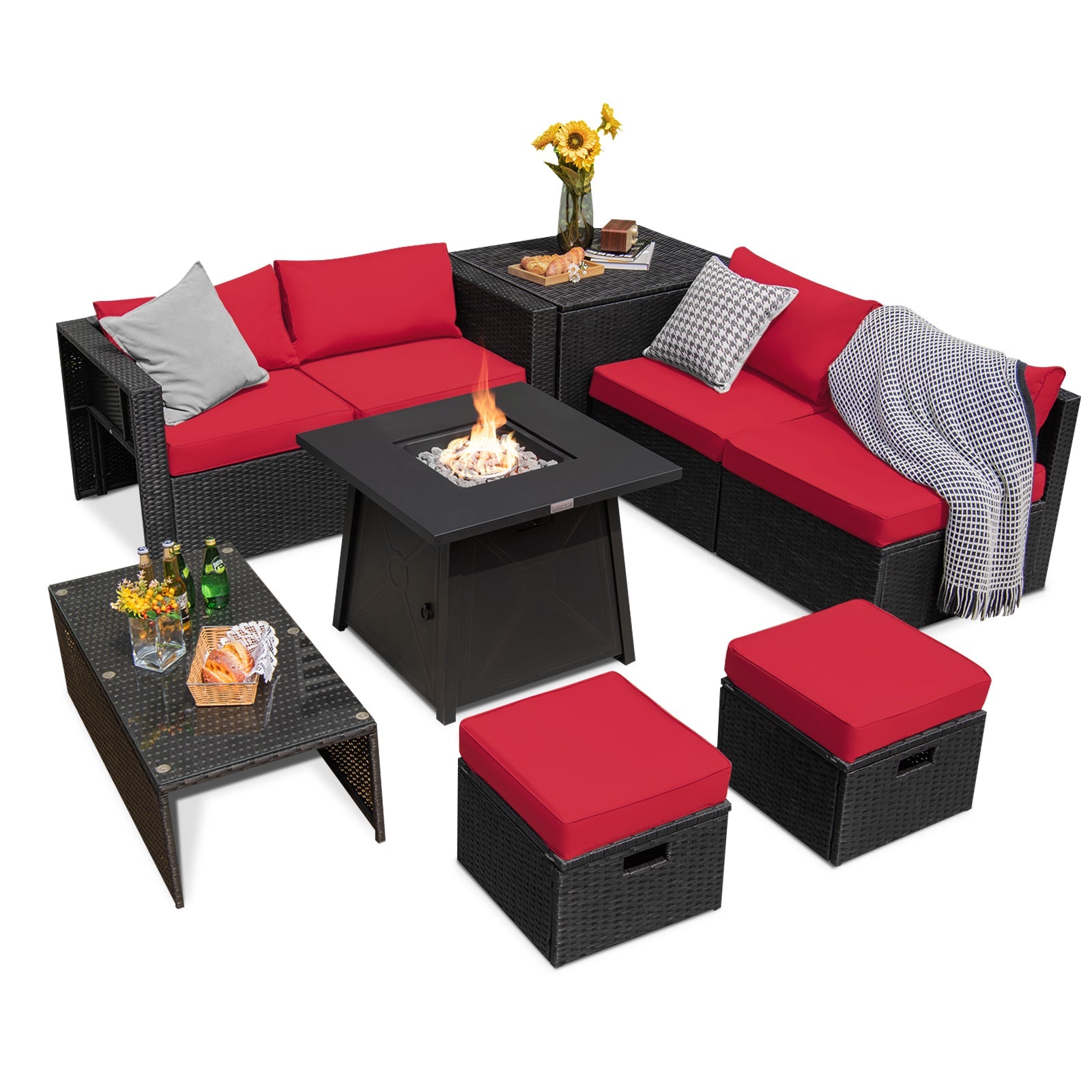 Costway 9 Pc Weatherproof Rattan Patio Conversation Sofa Set w/ 30" Propane Fire Pit Table Red 431725968 New