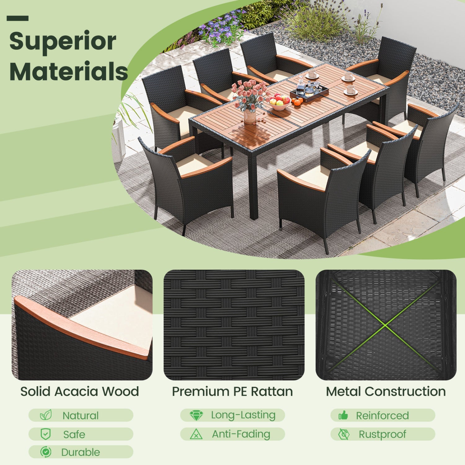 Costway 9-Pc Outdoor Patio Dining Set Acacia Wood Table 25183694 New