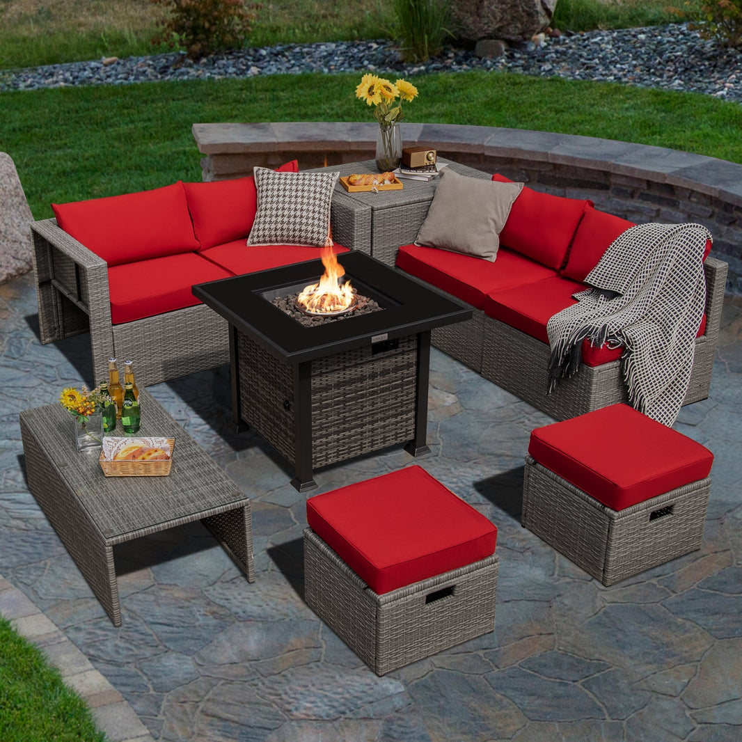 Costway 9-Piece Outdoor Patio Furniture Set w/ 32" Propane Fire Pit Table 73621895 New