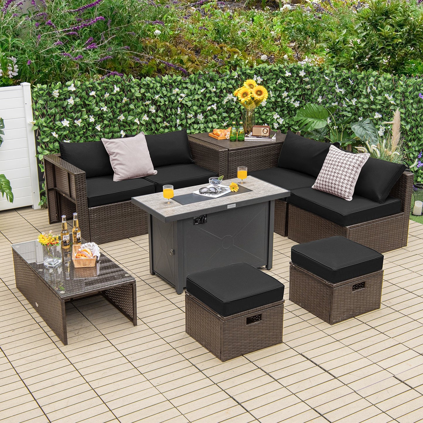 Costway 9-Piece Outdoor Patio Furniture Set w/ 42" Propane Fire Pit Table Black 72359468 New