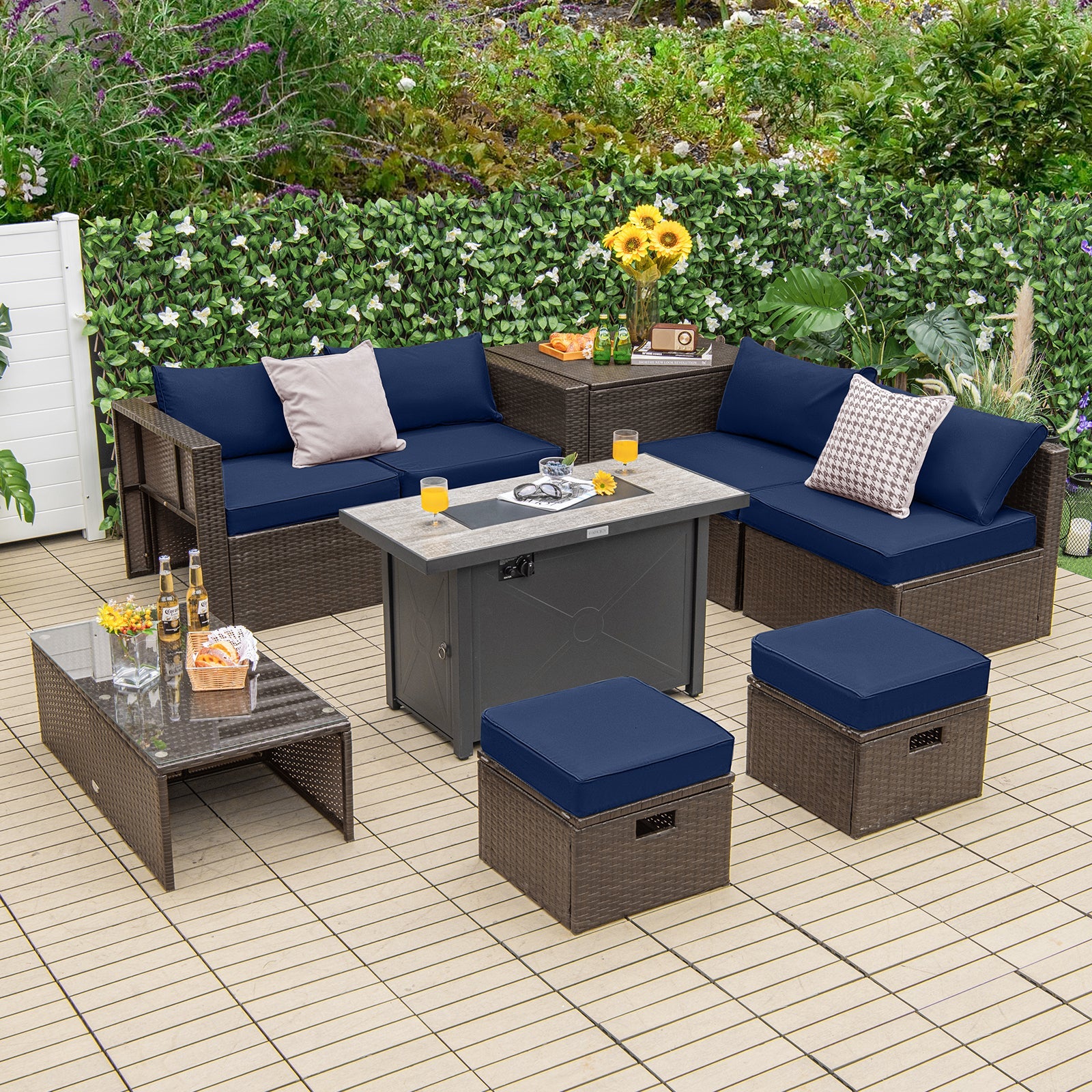 Costway 9-Piece Outdoor Patio Furniture Set w/ 42" Propane Fire Pit Table Black 72359468 New