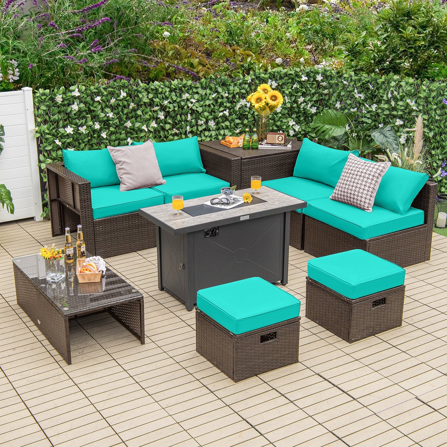 Costway 9-Piece Outdoor Patio Furniture Set w/ 42" Propane Fire Pit Table Black 72359468 New