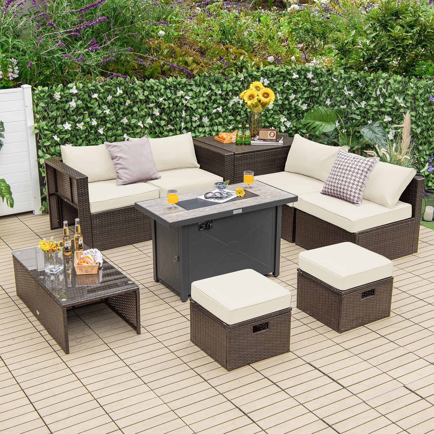 Costway 9-Piece Outdoor Patio Furniture Set w/ 42" Propane Fire Pit Table Black 72359468 New