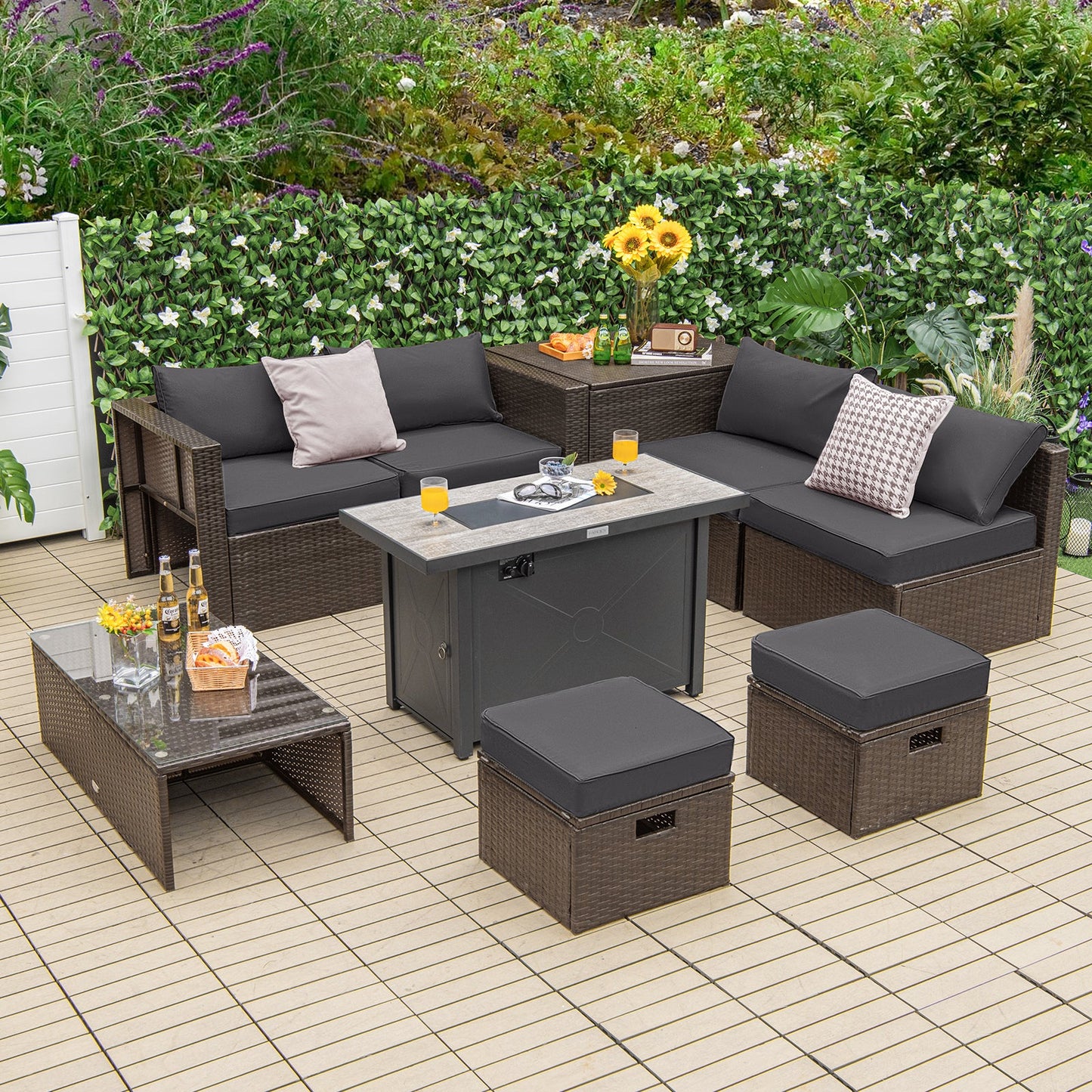 Costway 9-Piece Outdoor Patio Furniture Set w/ 42" Propane Fire Pit Table Black 72359468 New