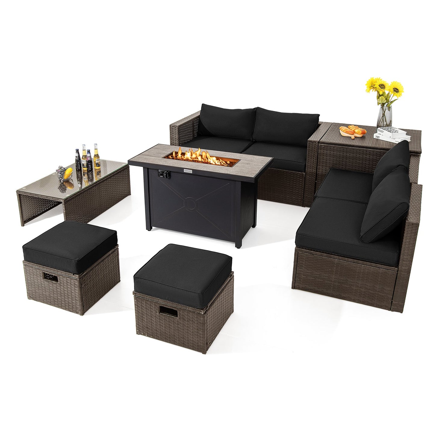 Costway 9-Piece Outdoor Patio Furniture Set w/ 42" Propane Fire Pit Table Black 72359468 New