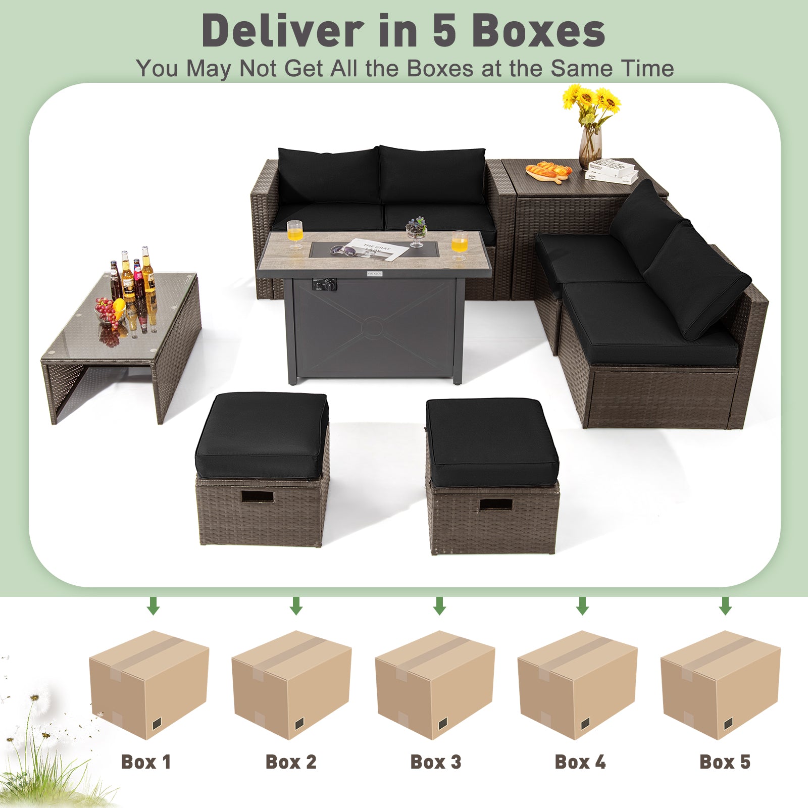 Costway 9-Piece Outdoor Patio Furniture Set w/ 42" Propane Fire Pit Table Black 72359468 New