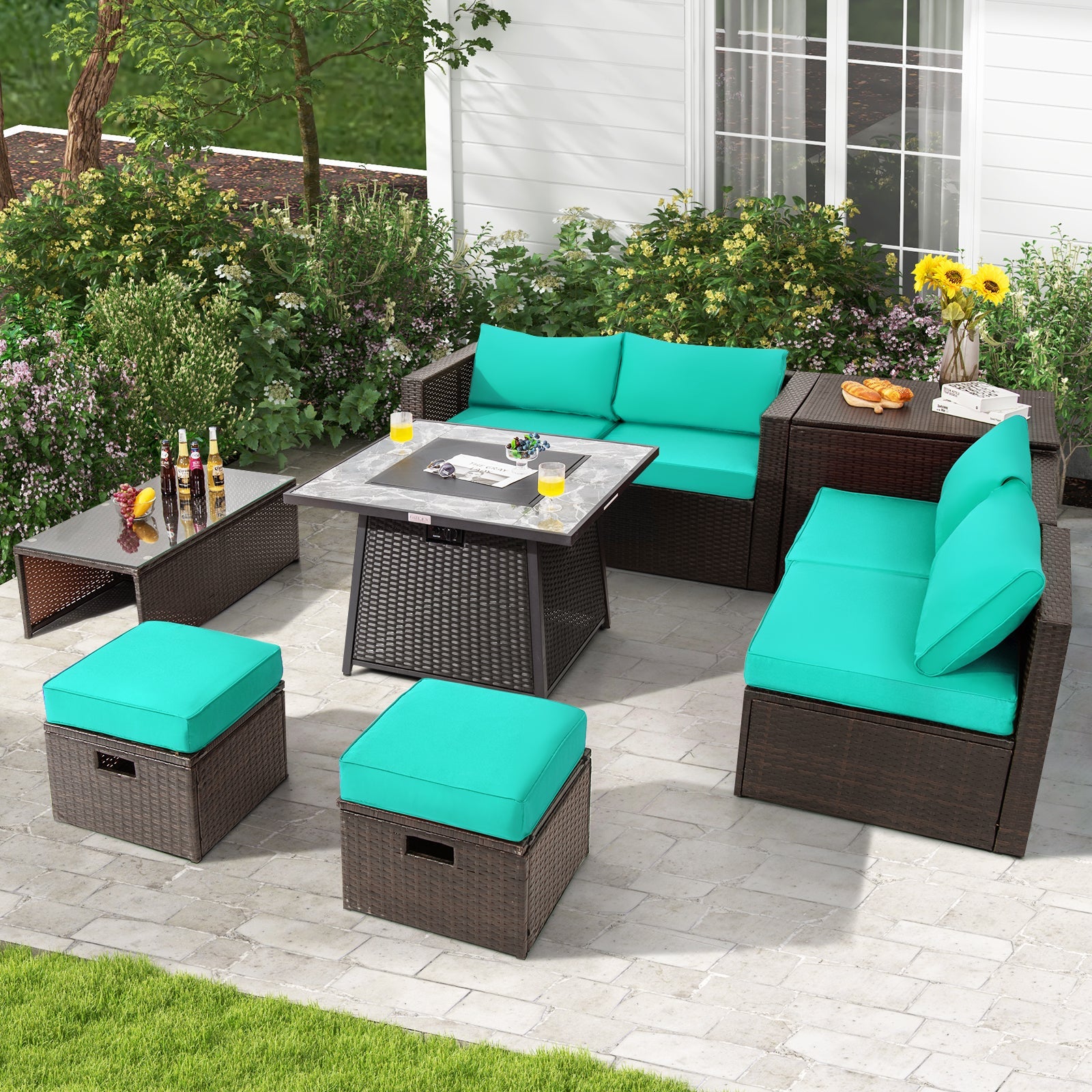 Costway 9-Pc Patio PE Wicker Sectional Sofa Set w/ 50000 BTU Fire Pit Table Black 69853142 New