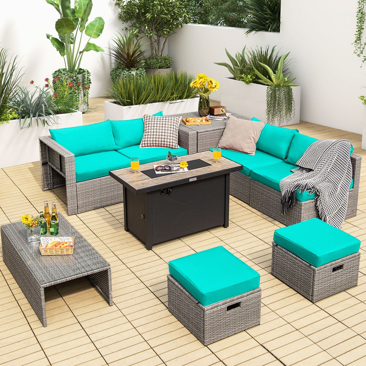 Costway 9-Piece Patio Furniture Set w/ 42" 60000 BTU Fire Pit Black 81639547 New