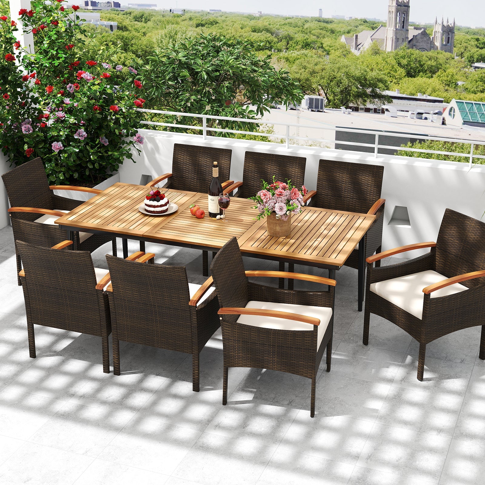 Costway 9-Pc Patio PE Wicker Dining Set w/ Cushions & Umbrella Hole 82252529 New