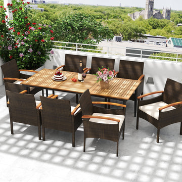 Costway 9-Pc Patio PE Wicker Dining Set w/ Cushions & Umbrella Hole 82252529 New