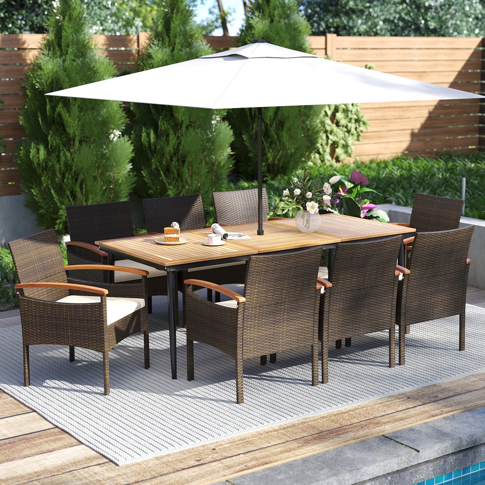 Costway 9-Pc Patio PE Wicker Dining Set w/ Cushions & Umbrella Hole 82252529 New
