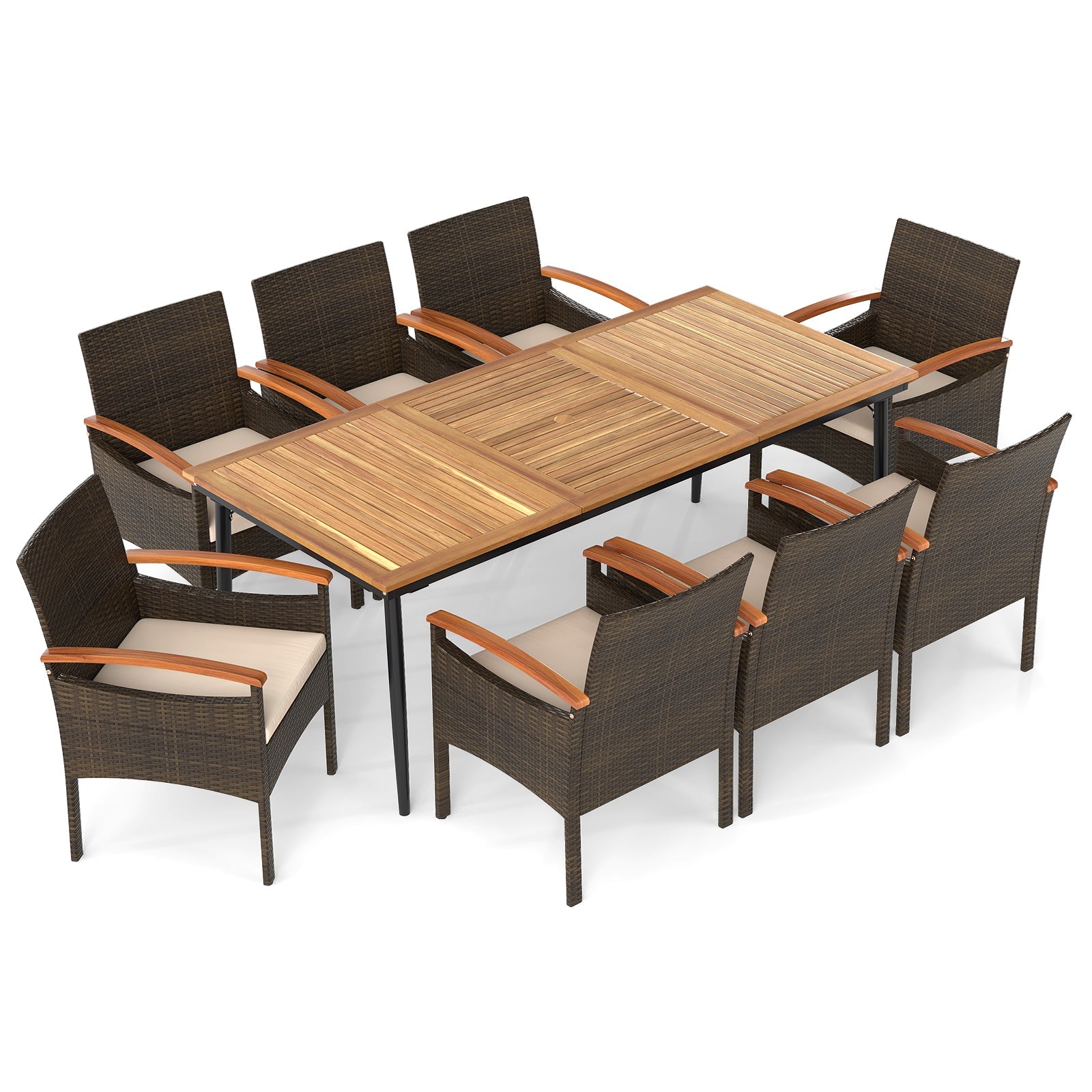 Costway 9-Pc Patio PE Wicker Dining Set w/ Cushions & Umbrella Hole 82252529 New