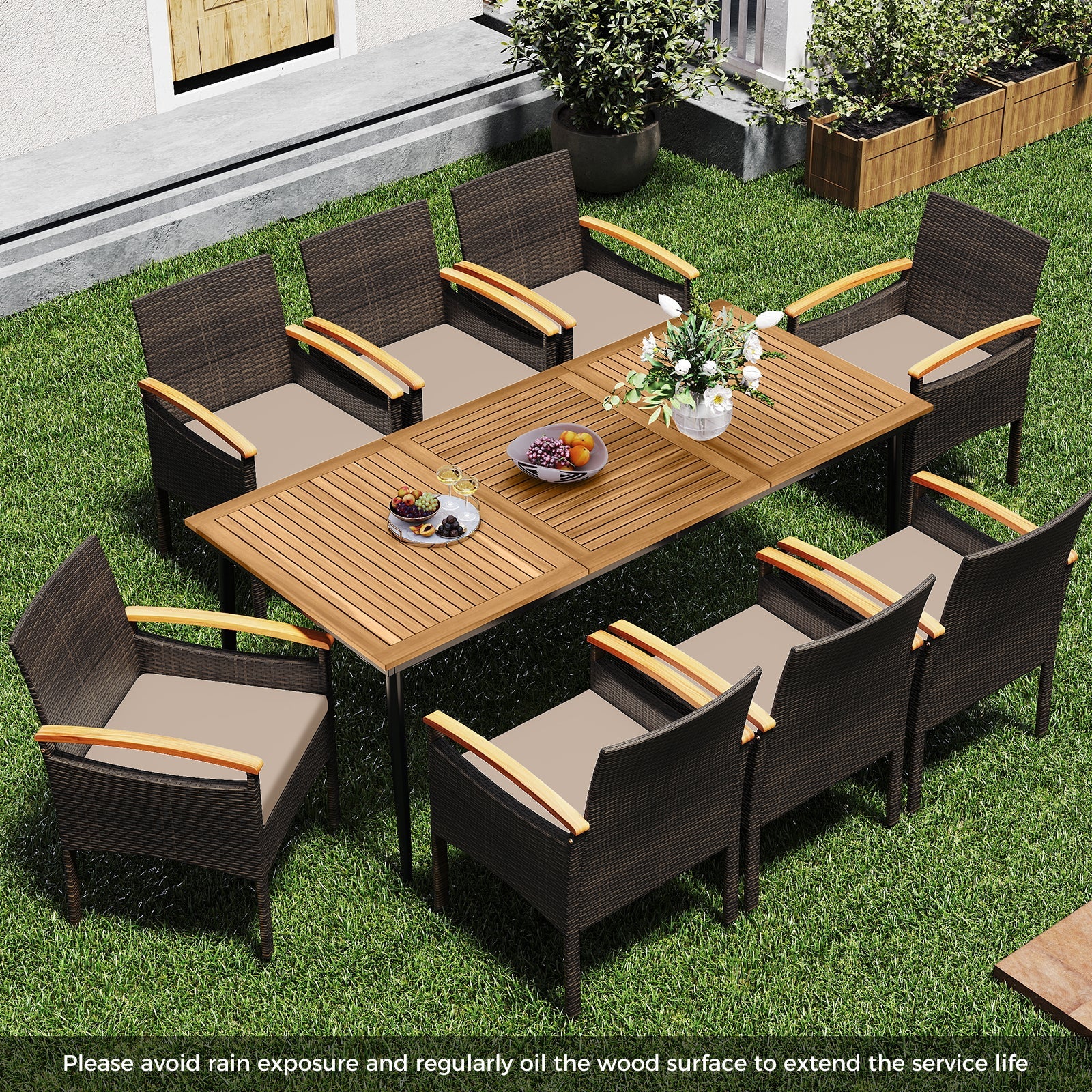 Costway 9-Pc Patio PE Wicker Dining Set w/ Cushions & Umbrella Hole 82252529 New