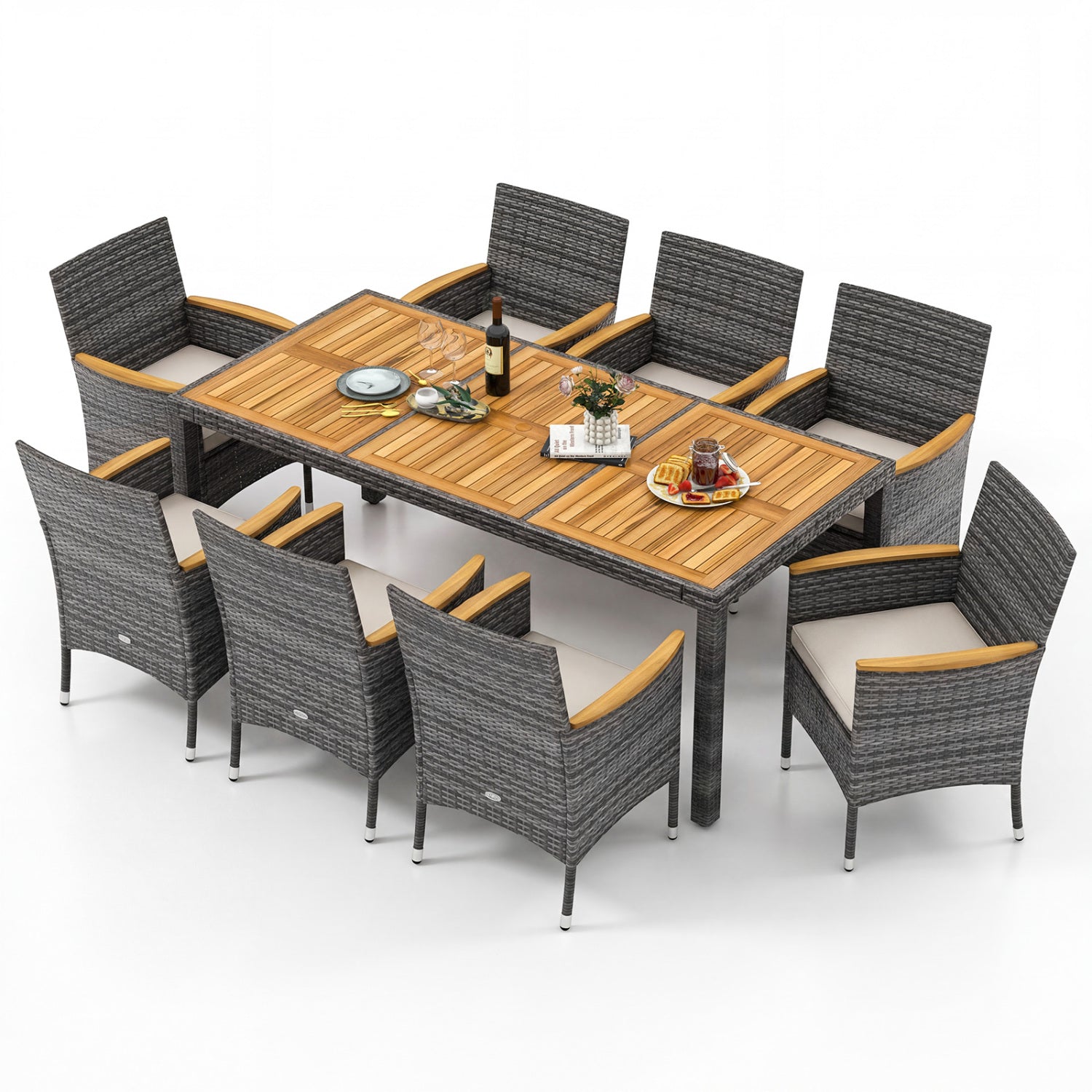 Costway 9-Pc Rattan Patio Dining Set w/ Acacia Wood Table & Cushioned Chairs 65091347 New