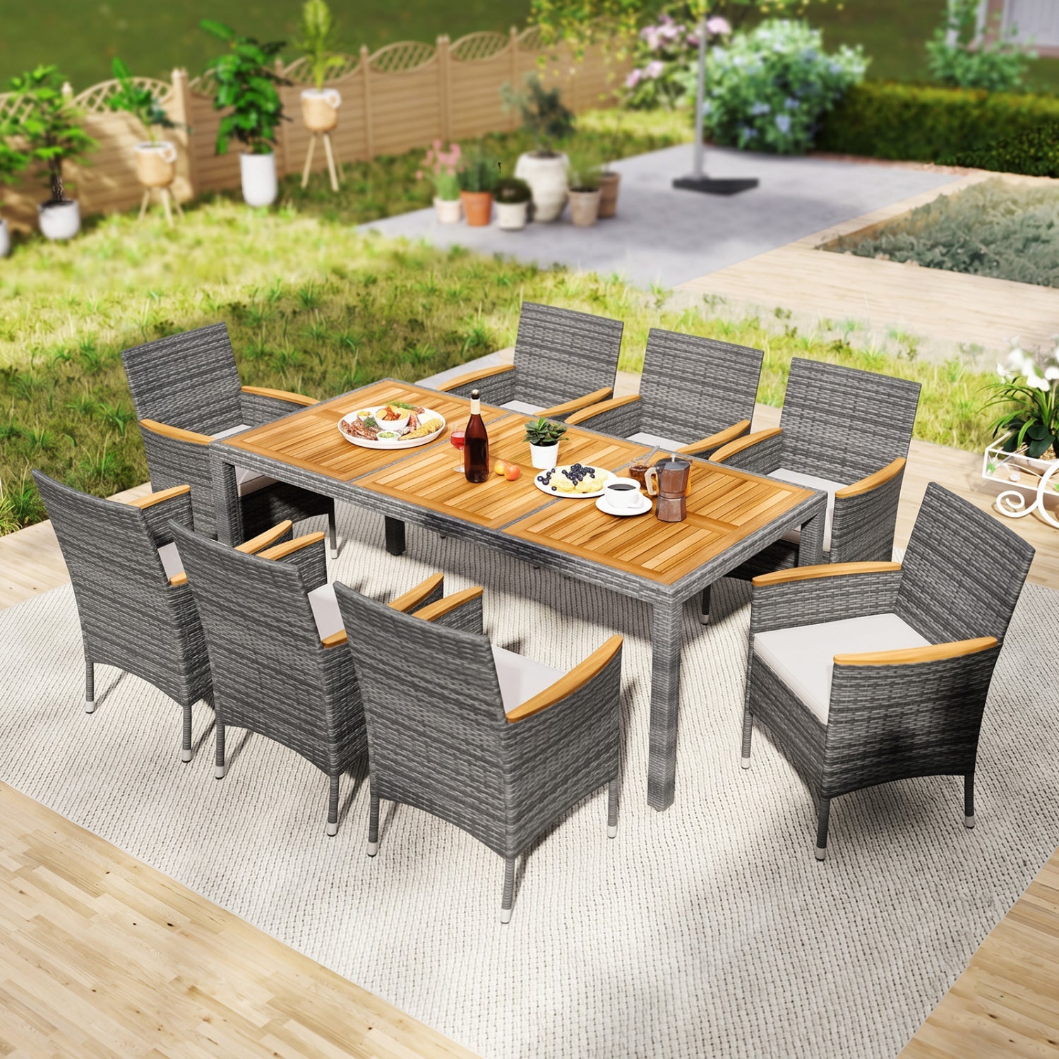 Costway 9-Pc Rattan Patio Dining Set w/ Acacia Wood Table & Cushioned Chairs 65091347 New