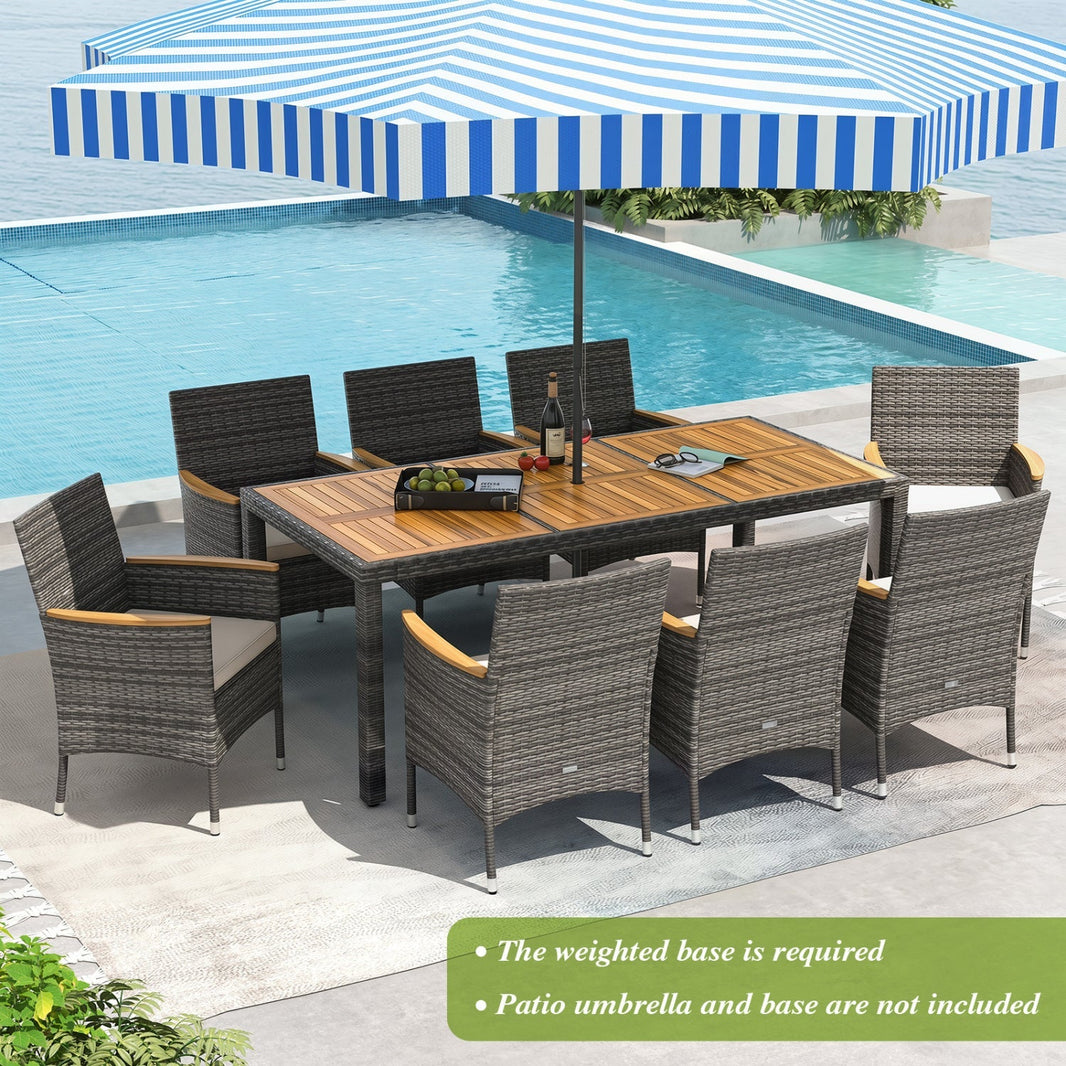 Costway 9-Pc Rattan Patio Dining Set w/ Acacia Wood Table & Cushioned Chairs 65091347 New