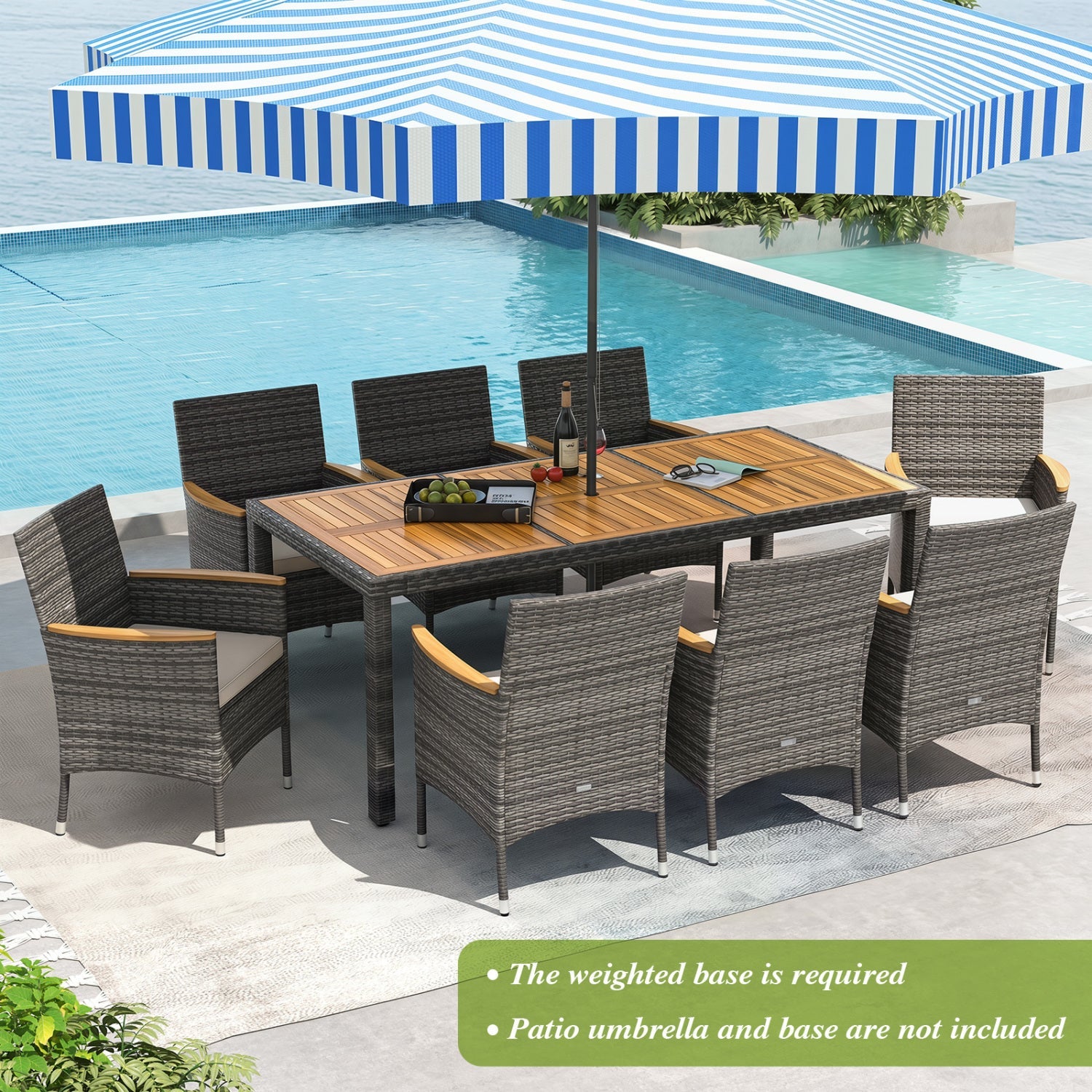 Costway 9-Pc Rattan Patio Dining Set w/ Acacia Wood Table & Cushioned Chairs 65091347 New
