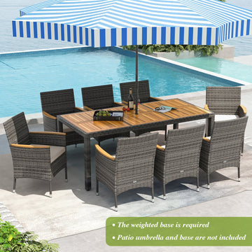 Costway 9-Pc Rattan Patio Dining Set w/ Acacia Wood Table & Cushioned Chairs 65091347 New