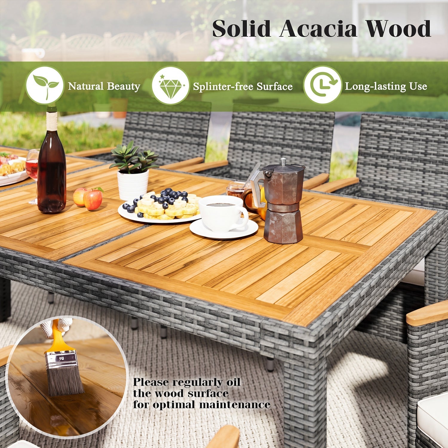 Costway 9-Pc Rattan Patio Dining Set w/ Acacia Wood Table & Cushioned Chairs 65091347 New
