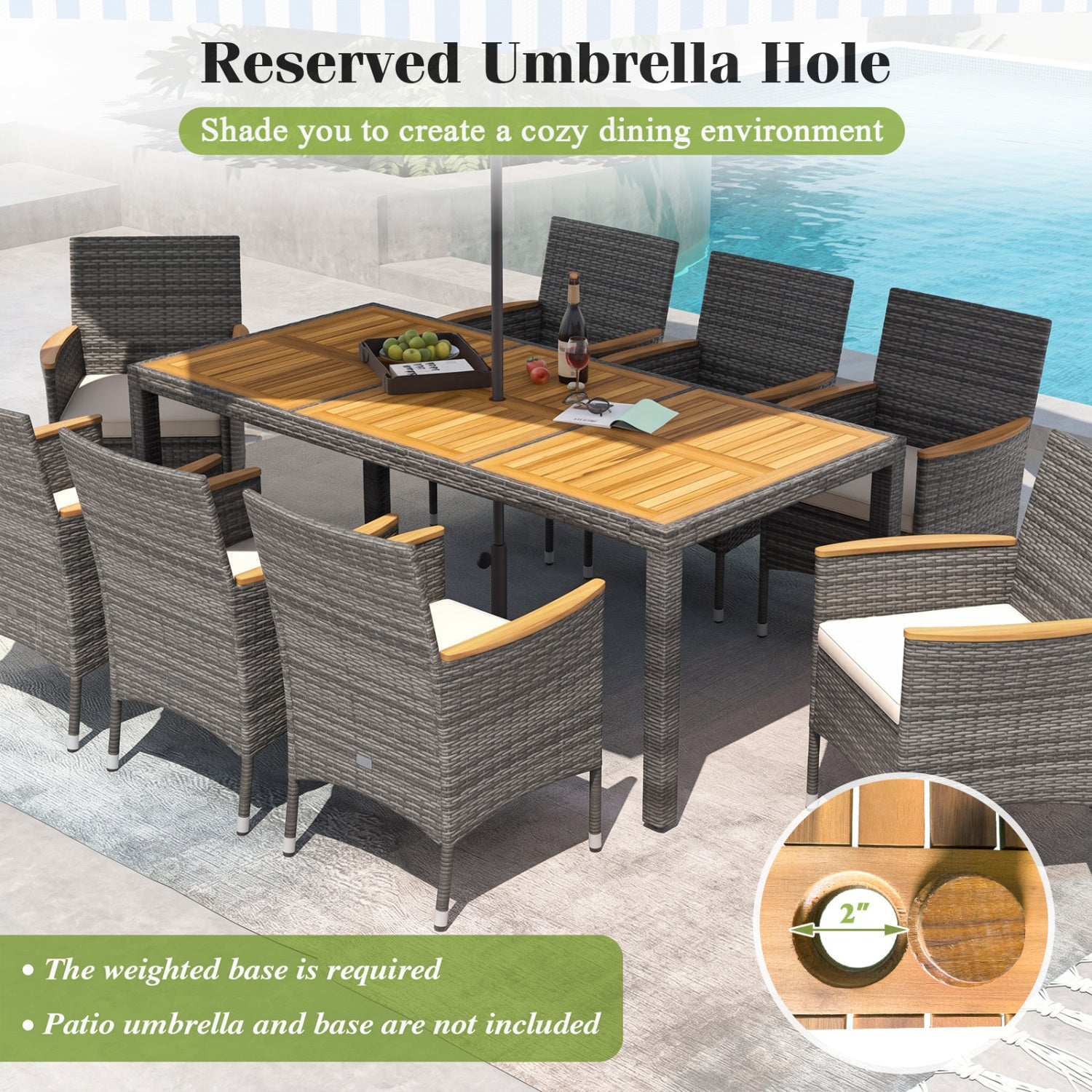 Costway 9-Pc Rattan Patio Dining Set w/ Acacia Wood Table & Cushioned Chairs 65091347 New