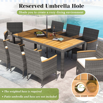 Costway 9-Pc Rattan Patio Dining Set w/ Acacia Wood Table & Cushioned Chairs 65091347 New