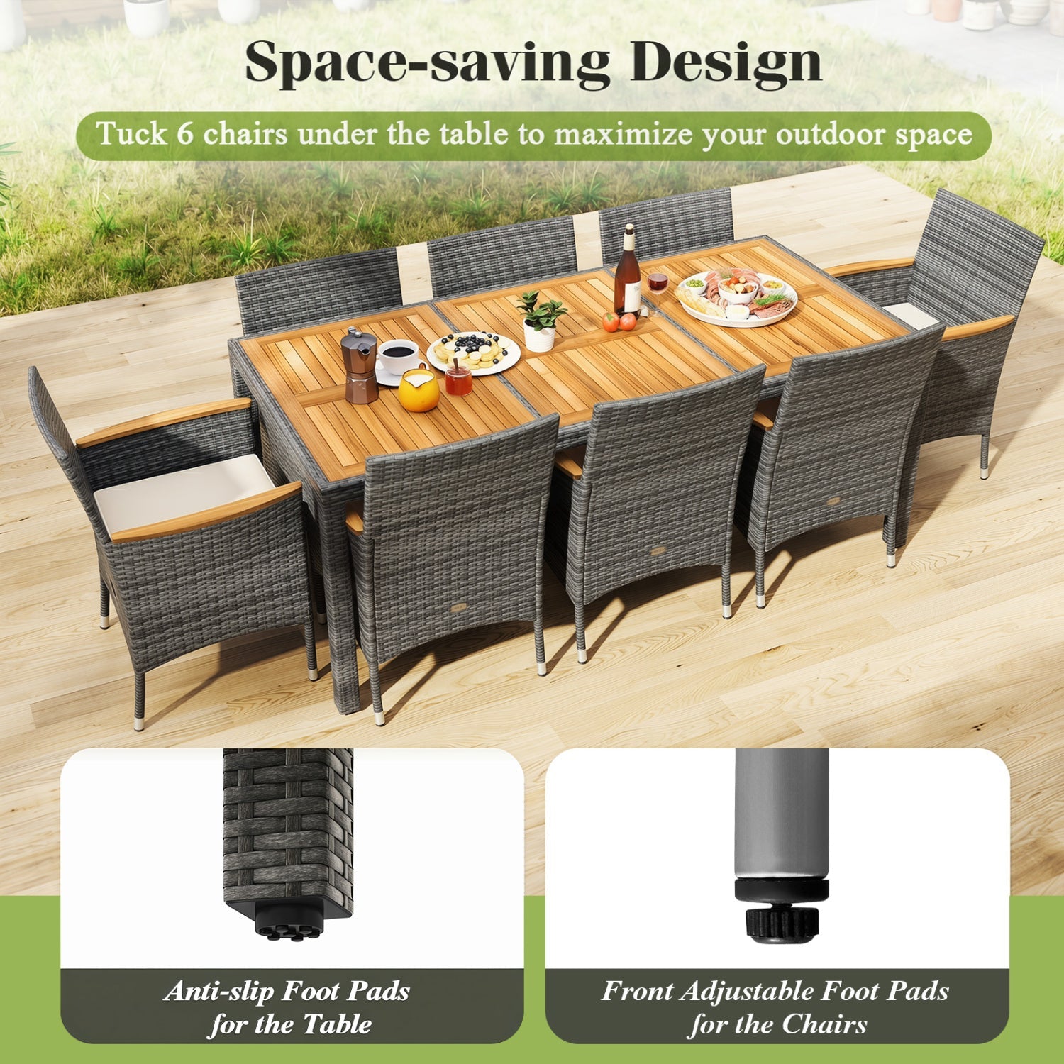 Costway 9-Pc Rattan Patio Dining Set w/ Acacia Wood Table & Cushioned Chairs 65091347 New