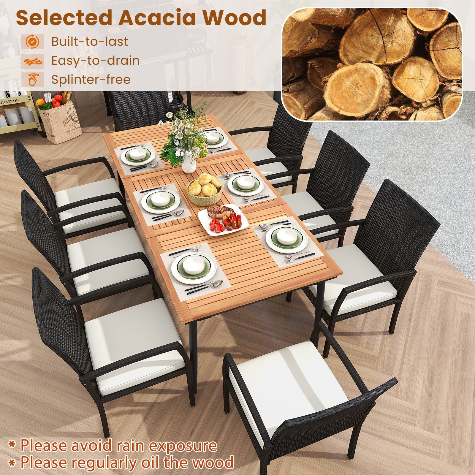 Costway 9-Piece Patio Dining Set w/ Umbrella Hole & 8 Rattan Dining Chairs Cushions 76345892 New