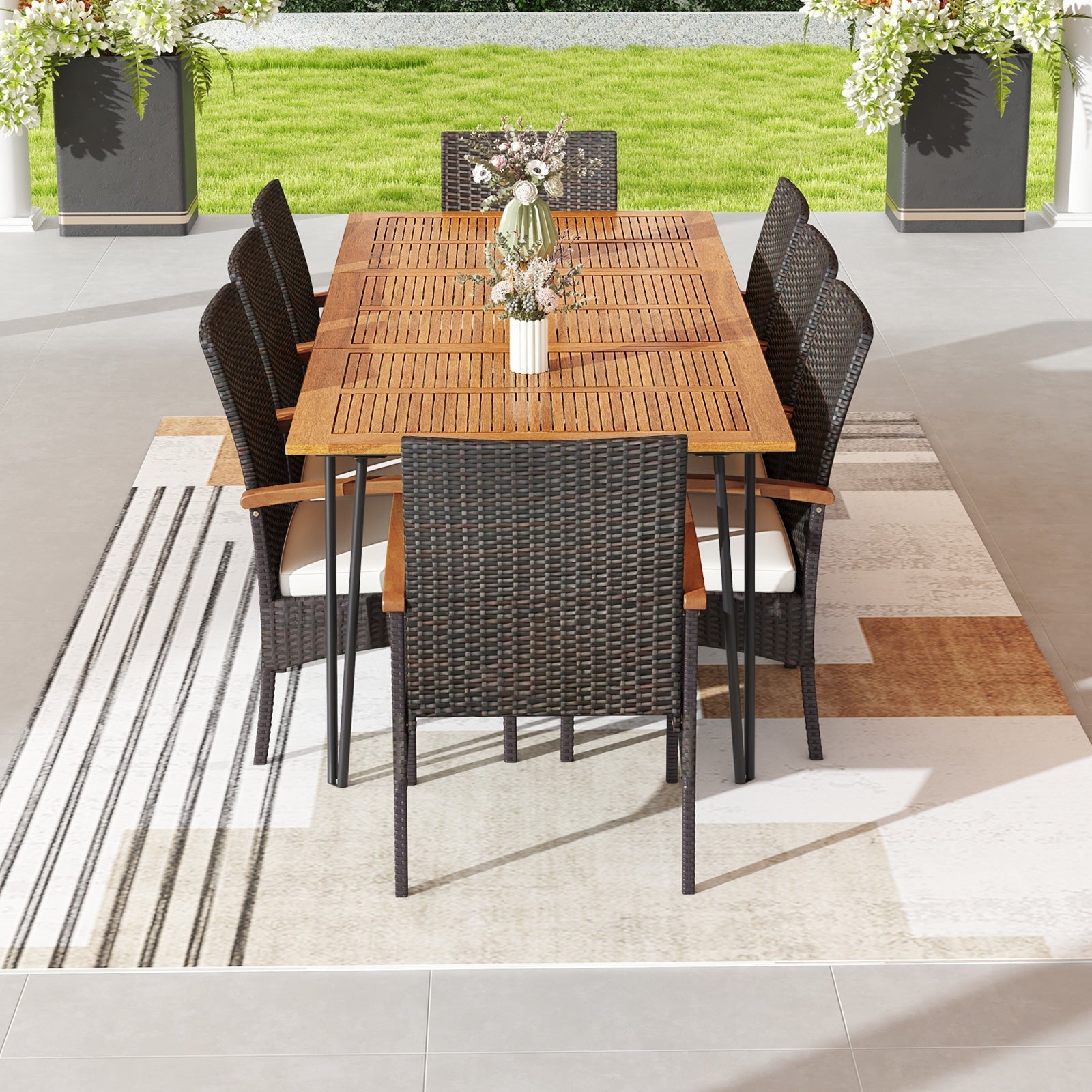 Costway 9-Pc Outdoor Patio Dining Set Acacia Wood Square Table Umbrella Hole 39756241 New