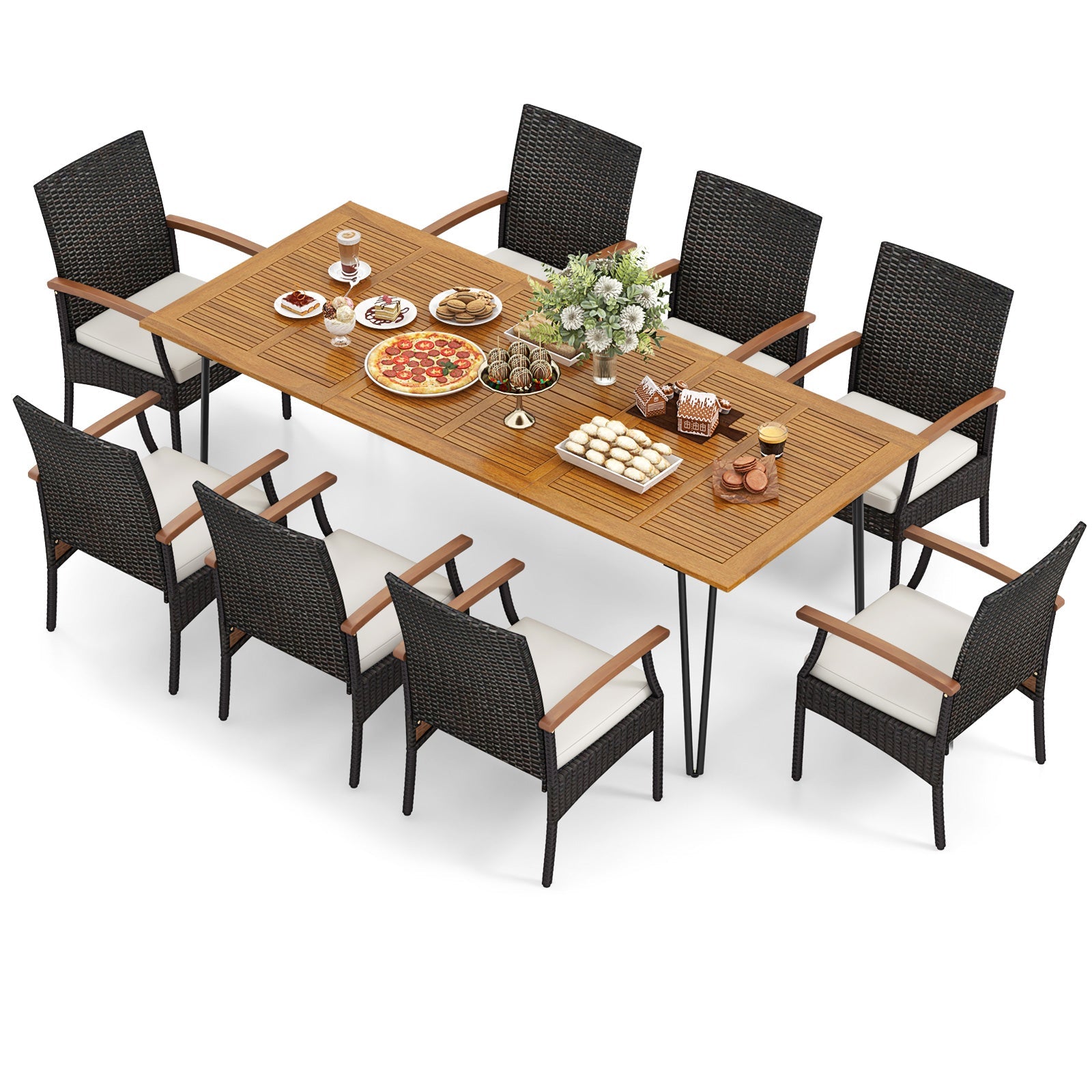 Costway 9-Pc Outdoor Patio Dining Set Acacia Wood Square Table Umbrella Hole 39756241 New