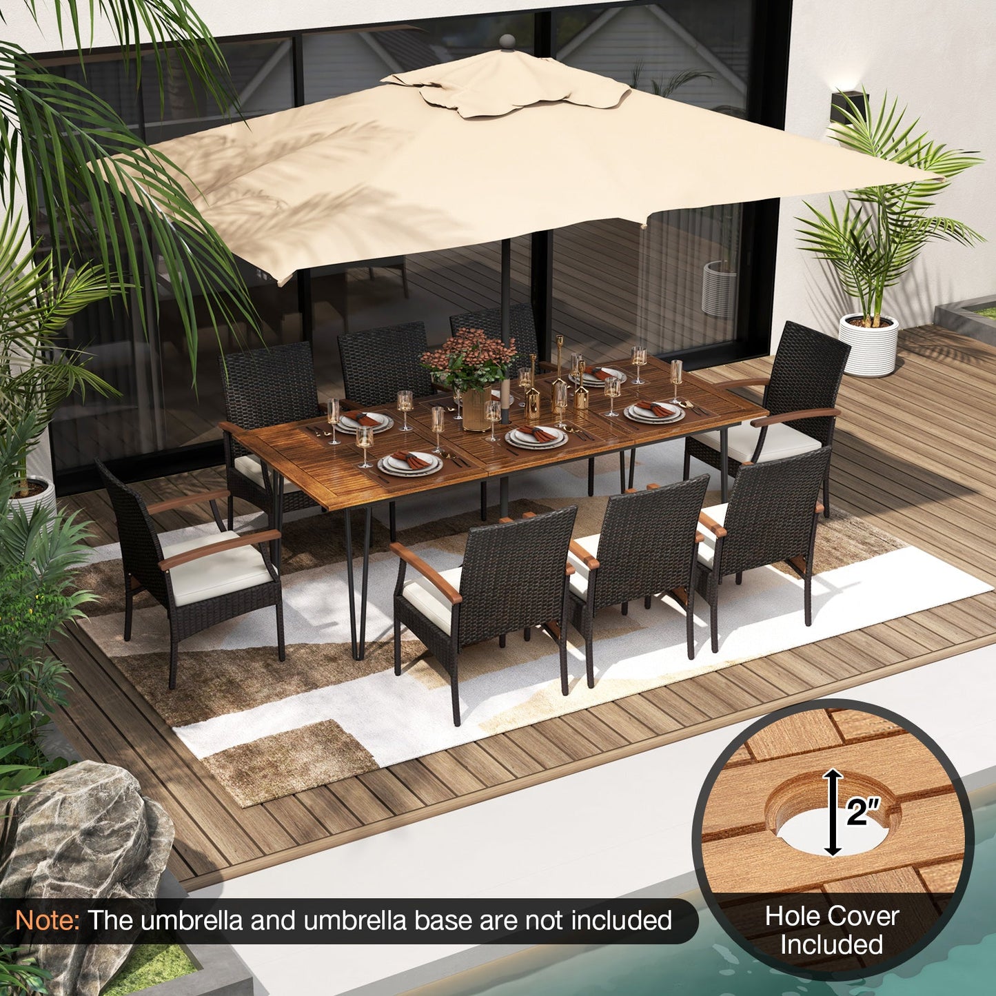 Costway 9-Pc Outdoor Patio Dining Set Acacia Wood Square Table Umbrella Hole 39756241 New