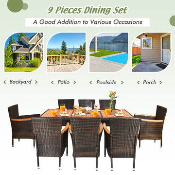 Costway 9-Piece Outdoor Patio Rattan Dining Set Acacia Wood Table Stackable Cushioned Chairs 97206435 New