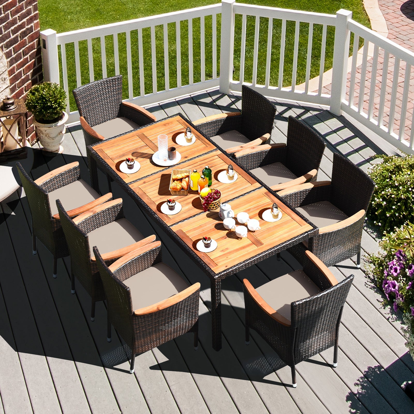 Costway 9-Piece Outdoor Patio Rattan Dining Set Acacia Wood Table Stackable Cushioned Chairs 97206435 New