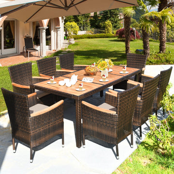 Costway 9-Piece Outdoor Patio Rattan Dining Set Acacia Wood Table Stackable Cushioned Chairs 97206435 New