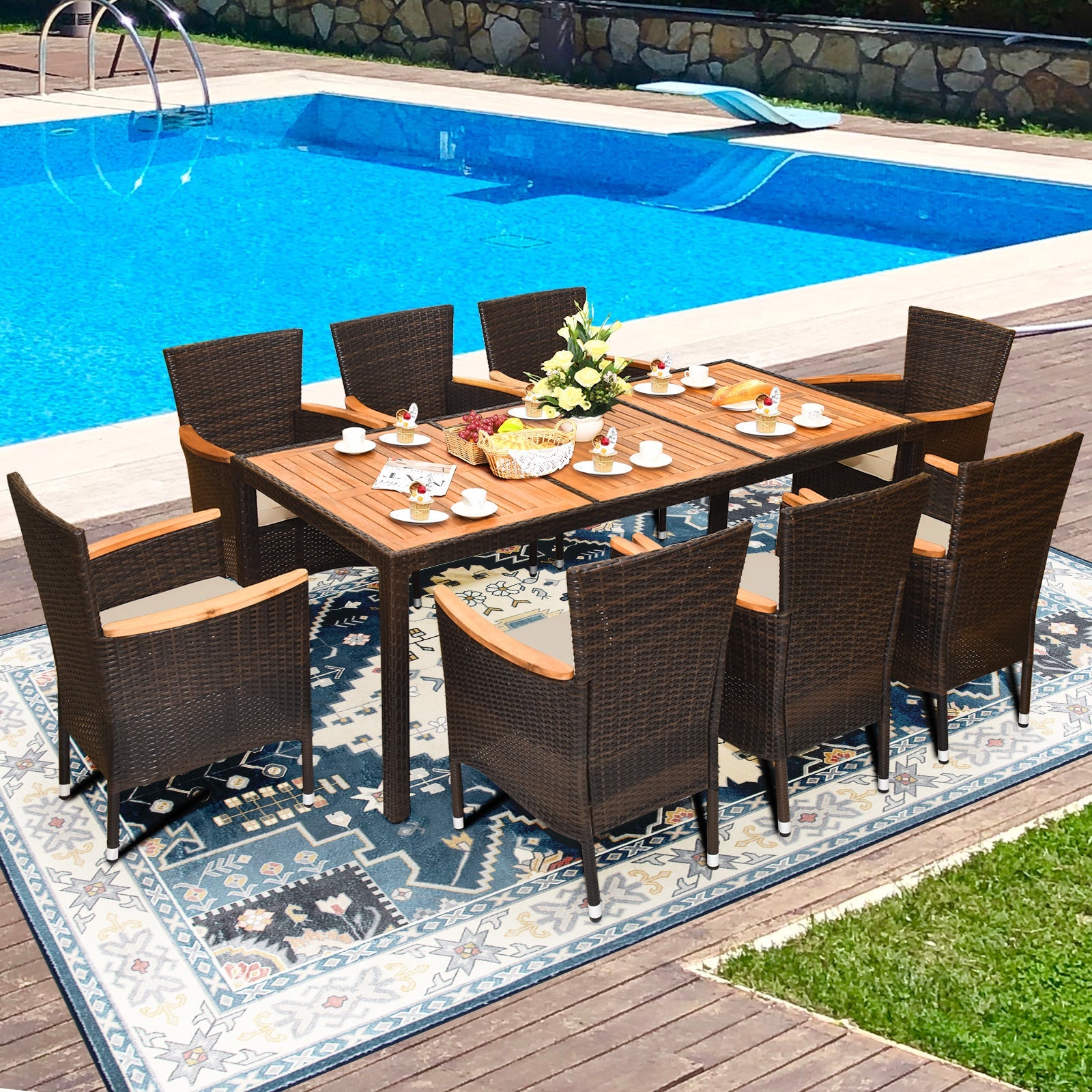 Costway 9-Piece Outdoor Patio Rattan Dining Set Acacia Wood Table Stackable Cushioned Chairs 97206435 New