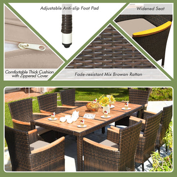 Costway 9-Piece Outdoor Patio Rattan Dining Set Acacia Wood Table Stackable Cushioned Chairs 97206435 New