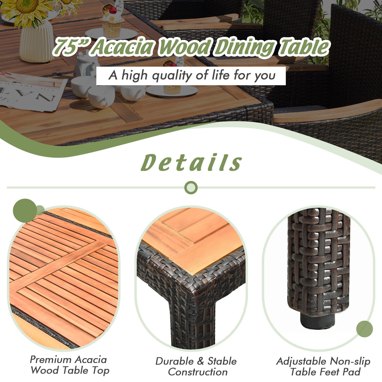 Costway 9-Piece Outdoor Patio Rattan Dining Set Acacia Wood Table Stackable Cushioned Chairs 97206435 New