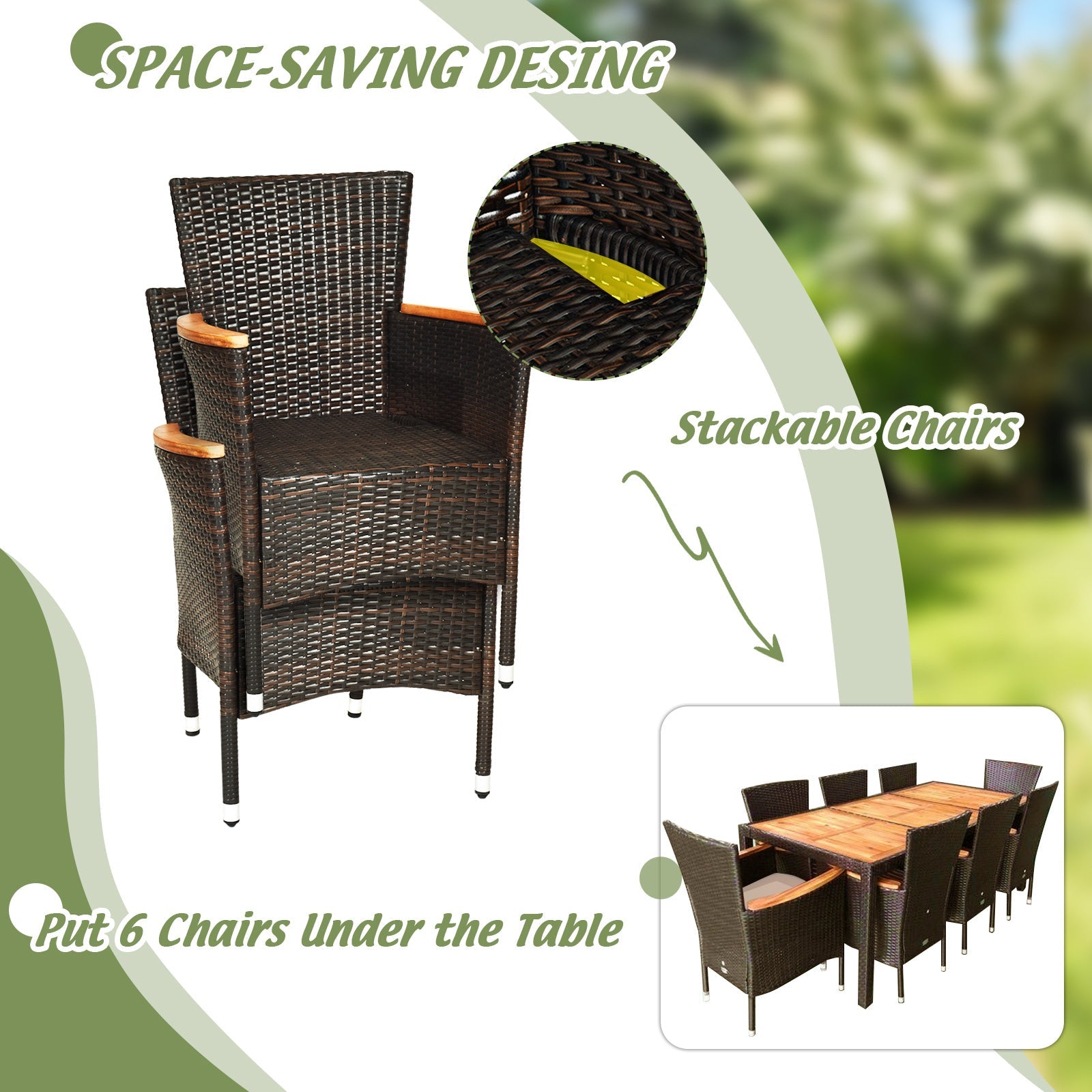 Costway 9-Piece Outdoor Patio Rattan Dining Set Acacia Wood Table Stackable Cushioned Chairs 97206435 New