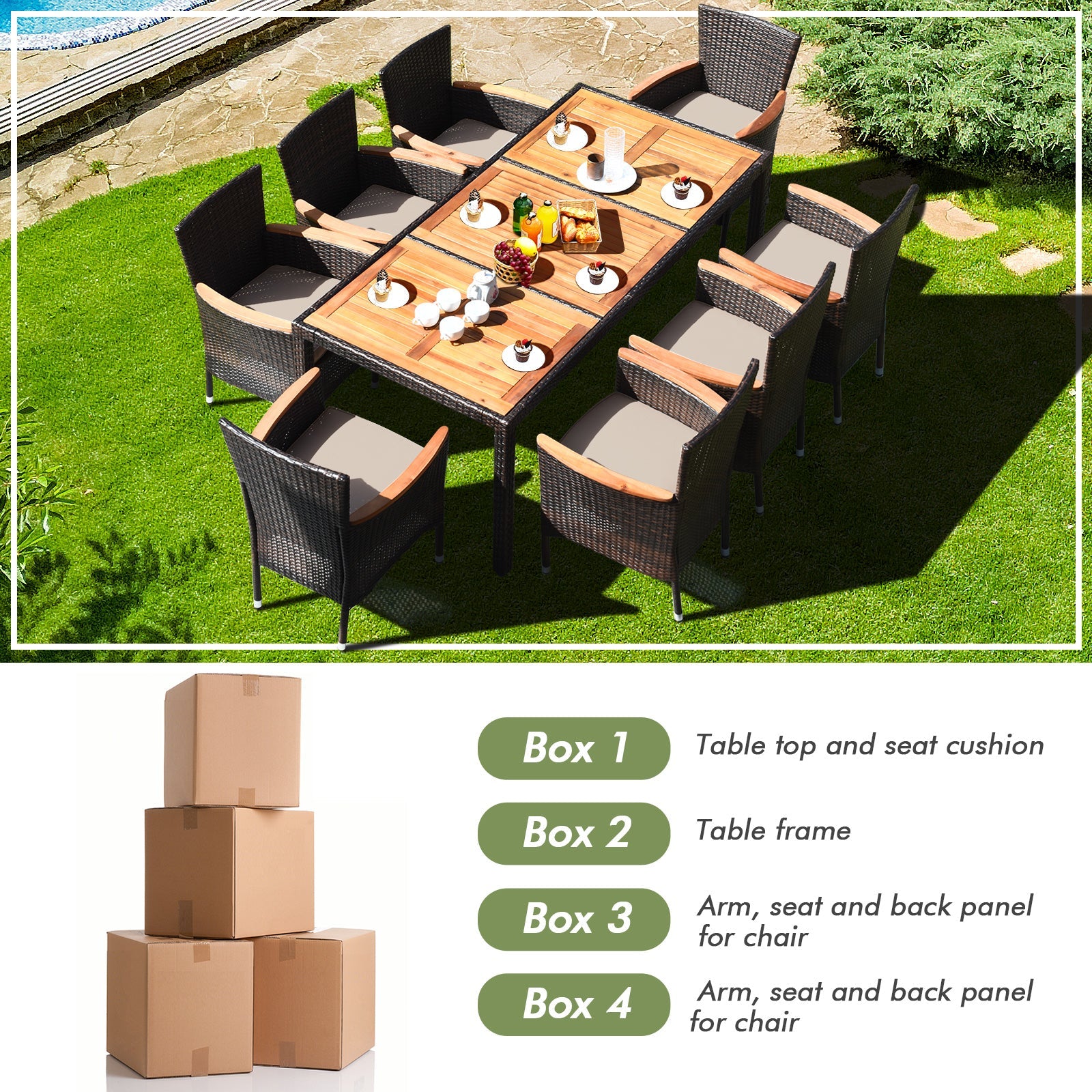 Costway 9-Piece Outdoor Patio Rattan Dining Set Acacia Wood Table Stackable Cushioned Chairs 97206435 New