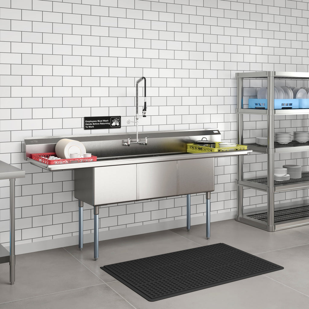 90 in. Three Compartment Commercial Sink Bowl Size 18x18x14 18-Gauge Stainless-Steel with 2 Drainboards