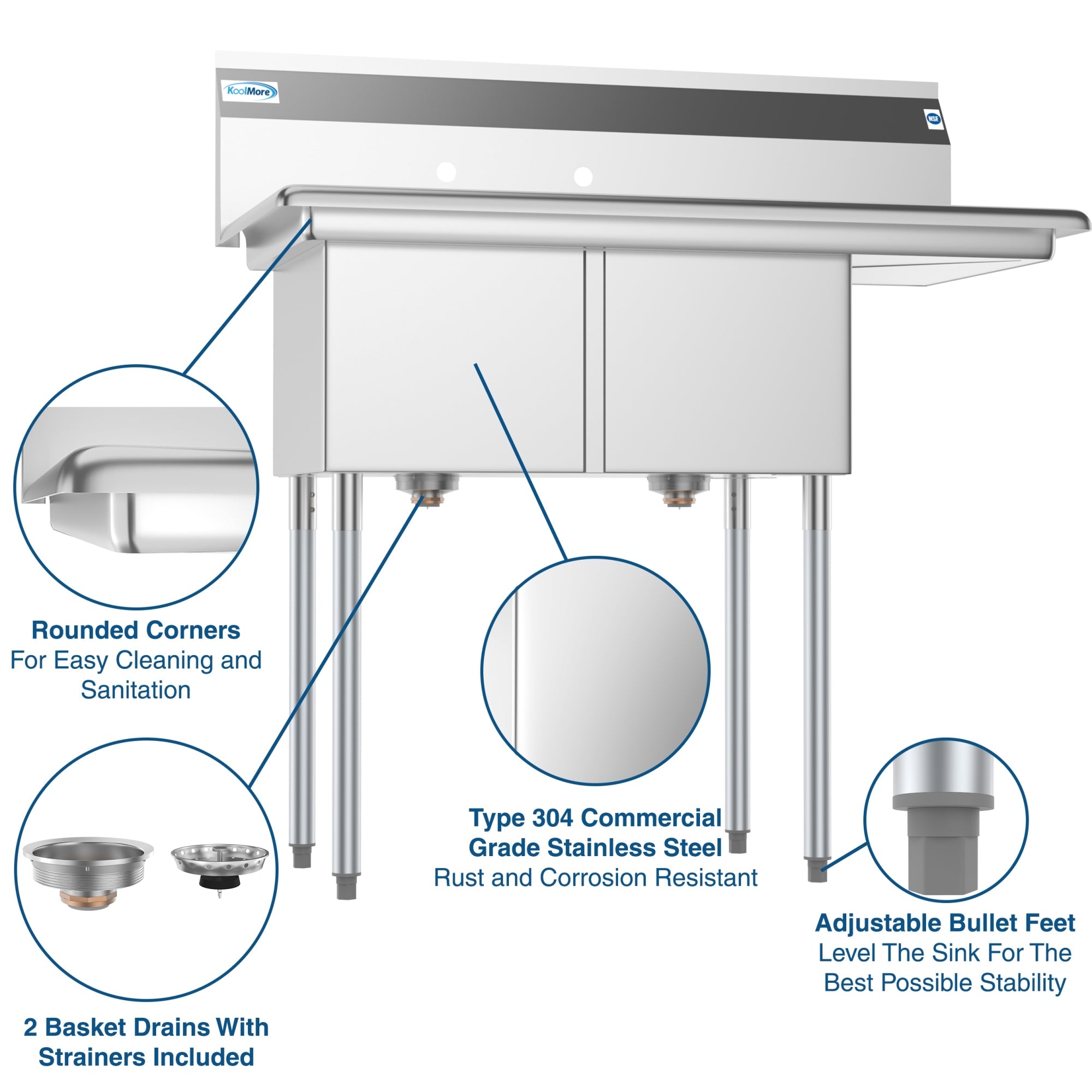 43 in. Two Compartment Stainless Steel Commercial Sink with Drainboard, Bowl Size 14"x 16"x 11"